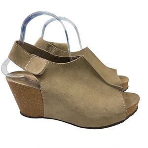 Bio-Gold Italian Leather Suede Slingback Platform Wedge Sandals - Taupe Size 8